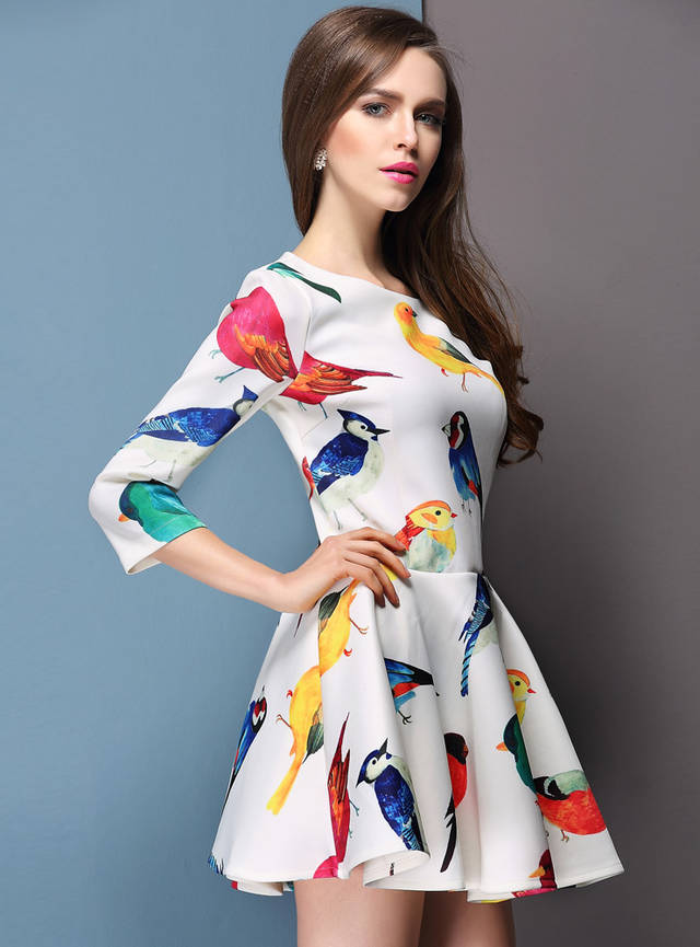 F66631-1   Lady Vintage Bird Print 3-4 Sleeve Cocktail Party Dress